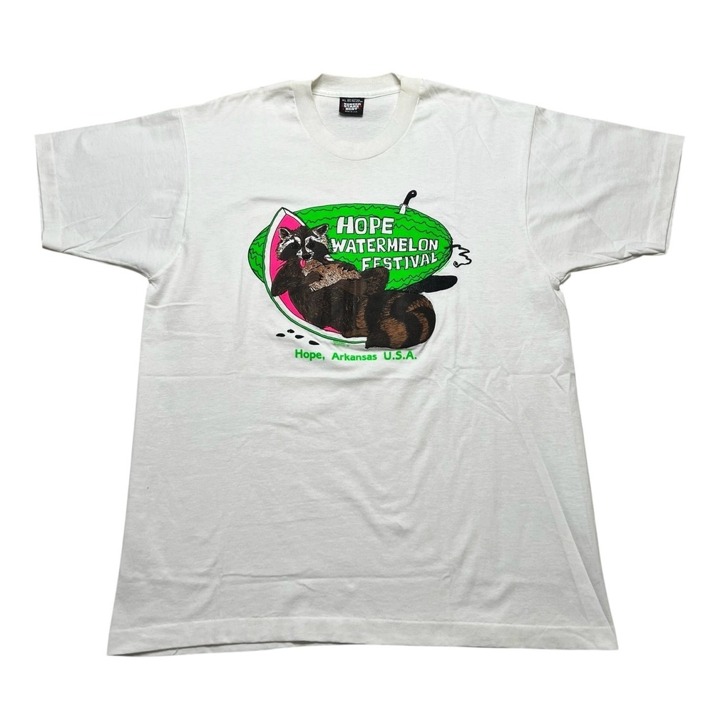 Screen Stars T-Shirt Mens XL White Hope Watermelon Festival 1991 Raccoon Vintage